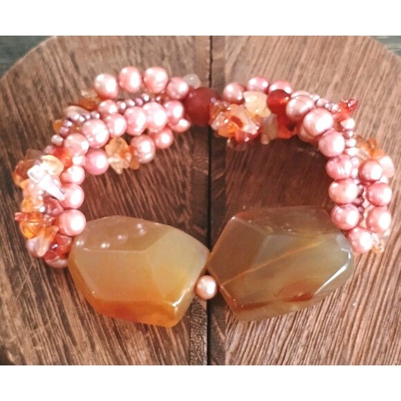 Large Agate Stone Carnelian Real Pearl Multi Strand Stretch Artisan Bracelet - Picture 1 of 8